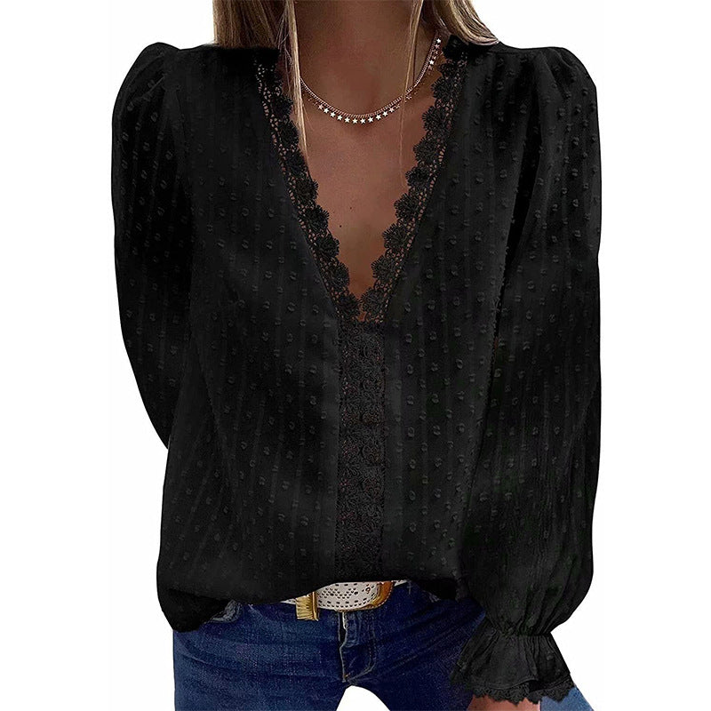 Dame Elegant Bluse med Spidsdetaljer og Pufærmer Stilla