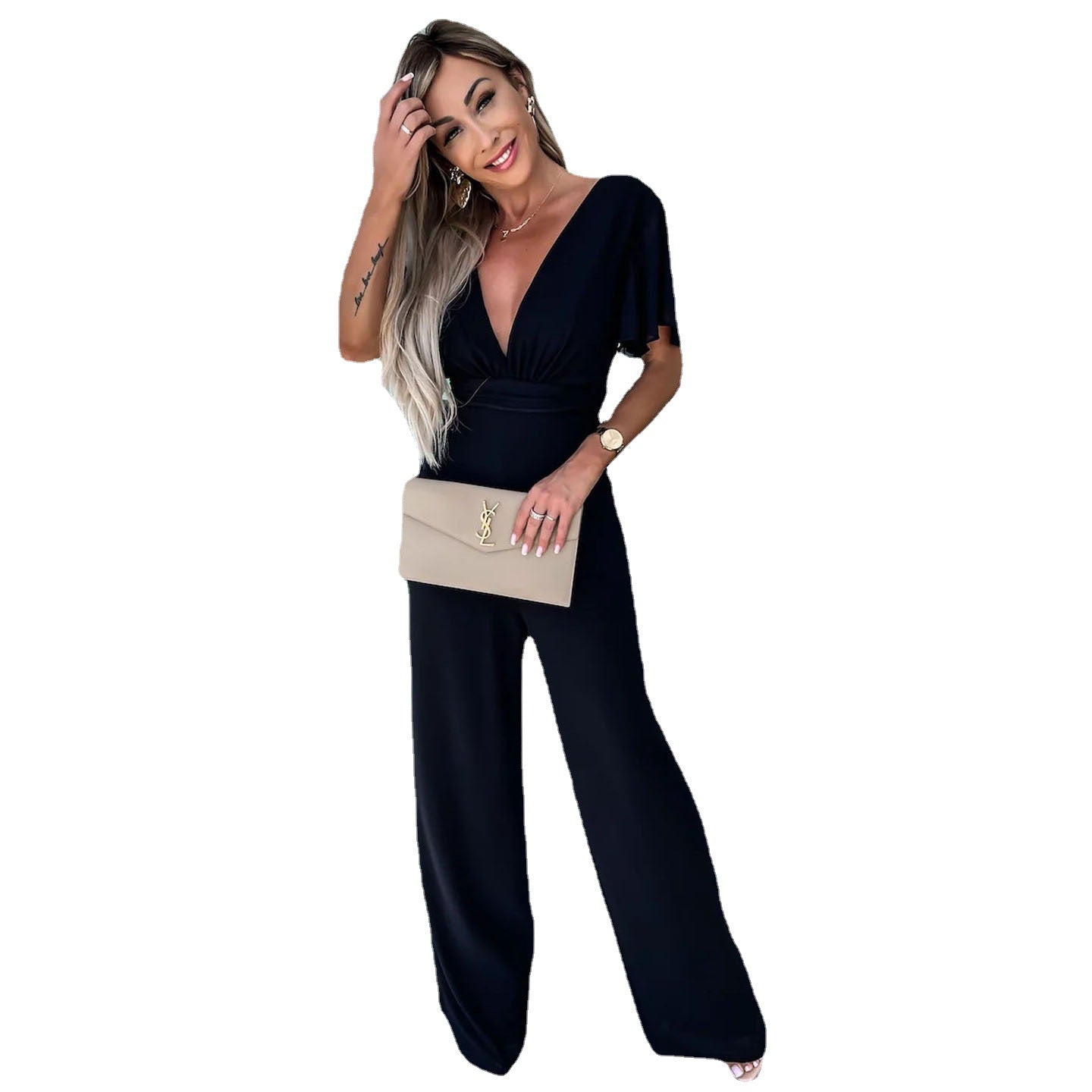 Dame Elegant Jumpsuit med dyb V-udskæring og flydende ærmer Stiila