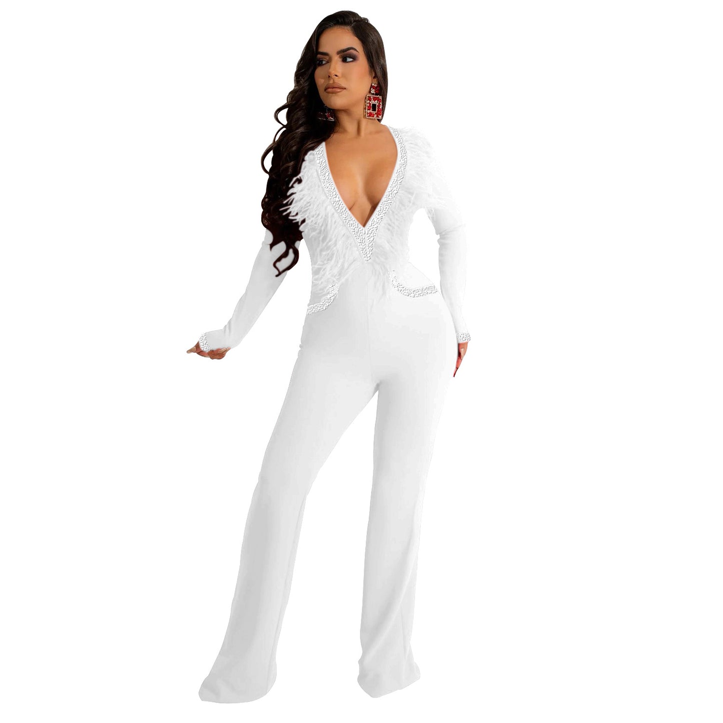 Damer Elegant og tætsiddende jumpsuit med dyb V-udskæring og raffinerede fjerdetaljer Stilla