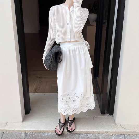 Dame Cropped Longsleeve med fin stribestruktur og elegant krave Stilla