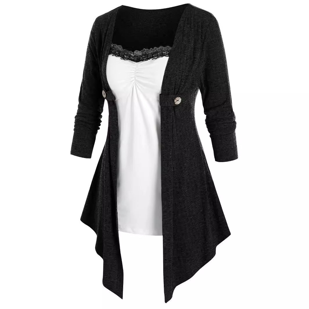 Dame Åben Strikjakke med asymmetrisk søm og knapdetalje Stilla