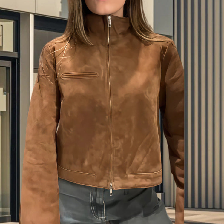 Dame cropped læderjakke med høj krave og innovativ lynlås Stilla