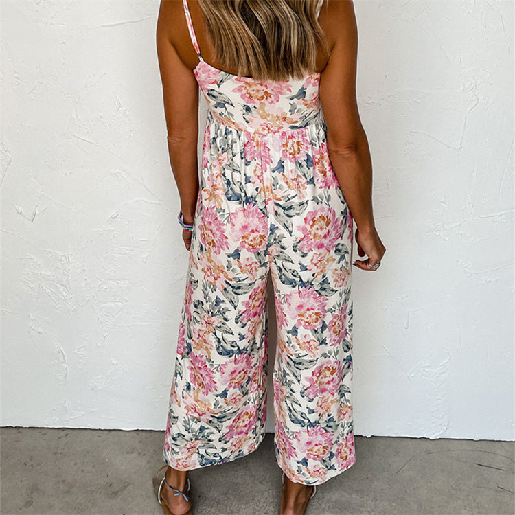 Dame Floral Jumpsuit med brede stropper og elastisk taljebånd Stilla