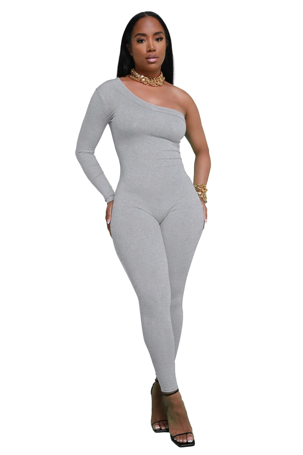 Dame Asymmetrisk Langærmet Jumpsuit i ribbet materiale Stilla