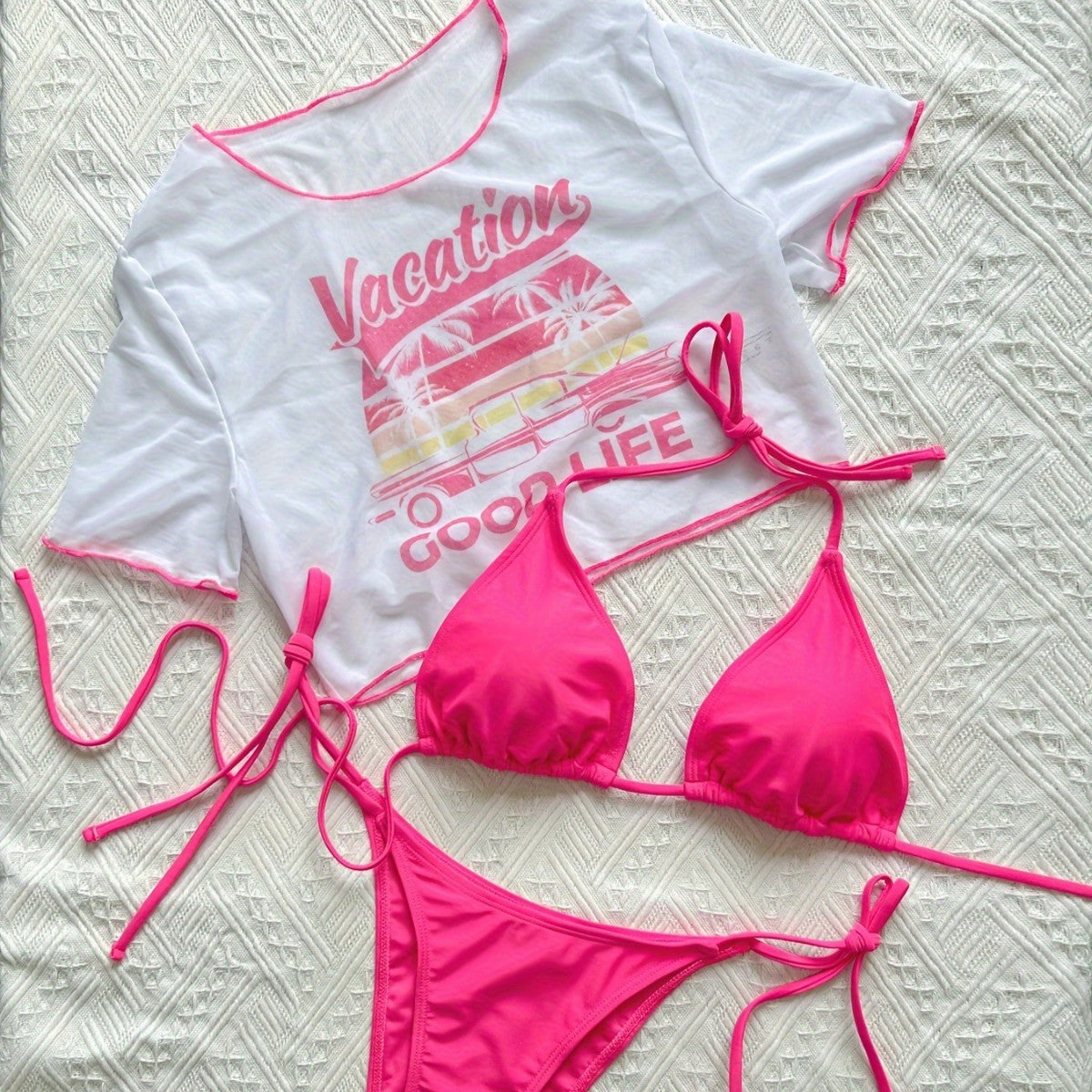 Dame Cropped T-Shirt og Bikini-sæt med moderigtigt knudedetalje Stilla