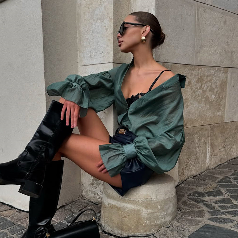 Dame Elegant Chiffonbluse med voluminøse ærmer og raffineret knapliste Stilla