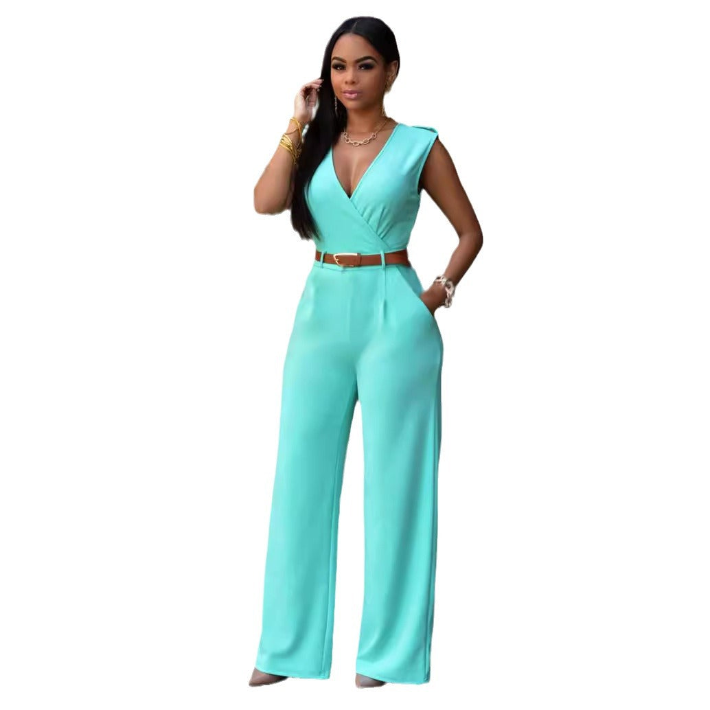 Dame Elegant jumpsuit med dyb V-hals og brede ben Stilla