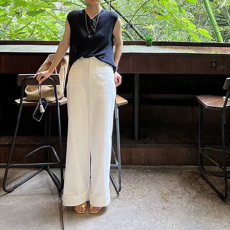 Dame afslappede linnedbukser med bred pasform og omslået kant Stilla