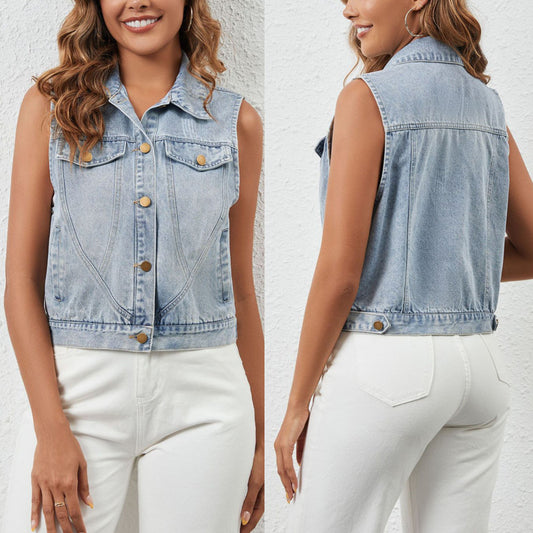 Dame cropped jeansvest med knapdetaljer Stilla