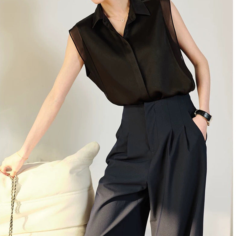 Dame elegant bluse med transparente ærmer og fin satinlook Stilla