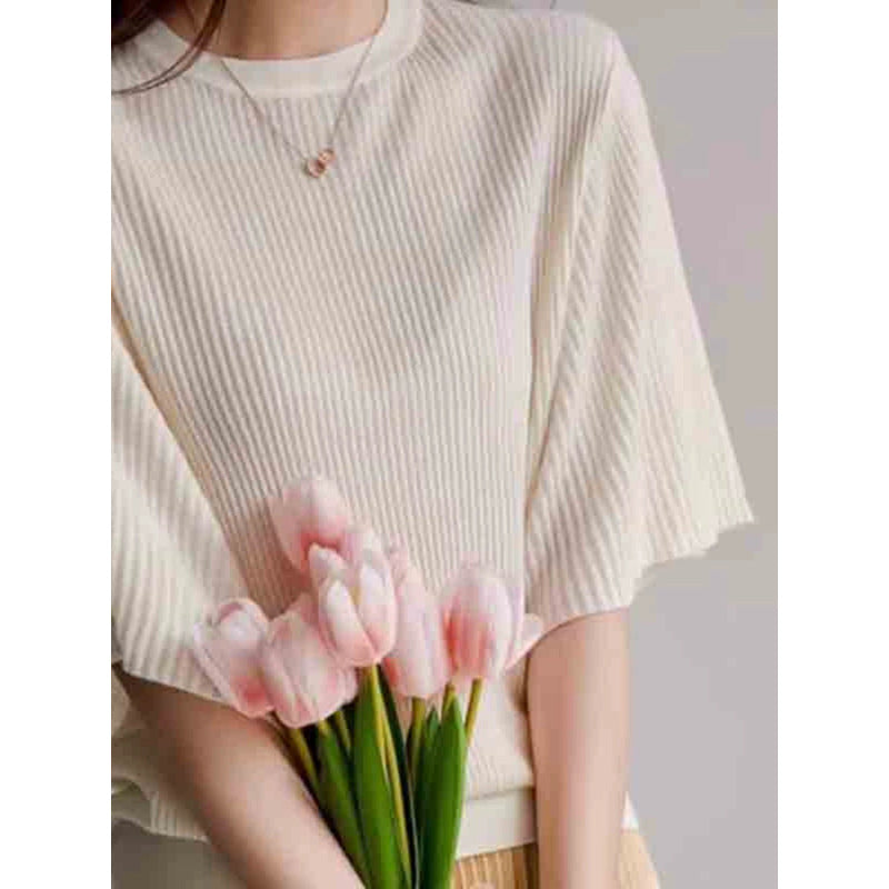 Dame afslappet ribstrikket top med vide ærmer og høj krave Stilla