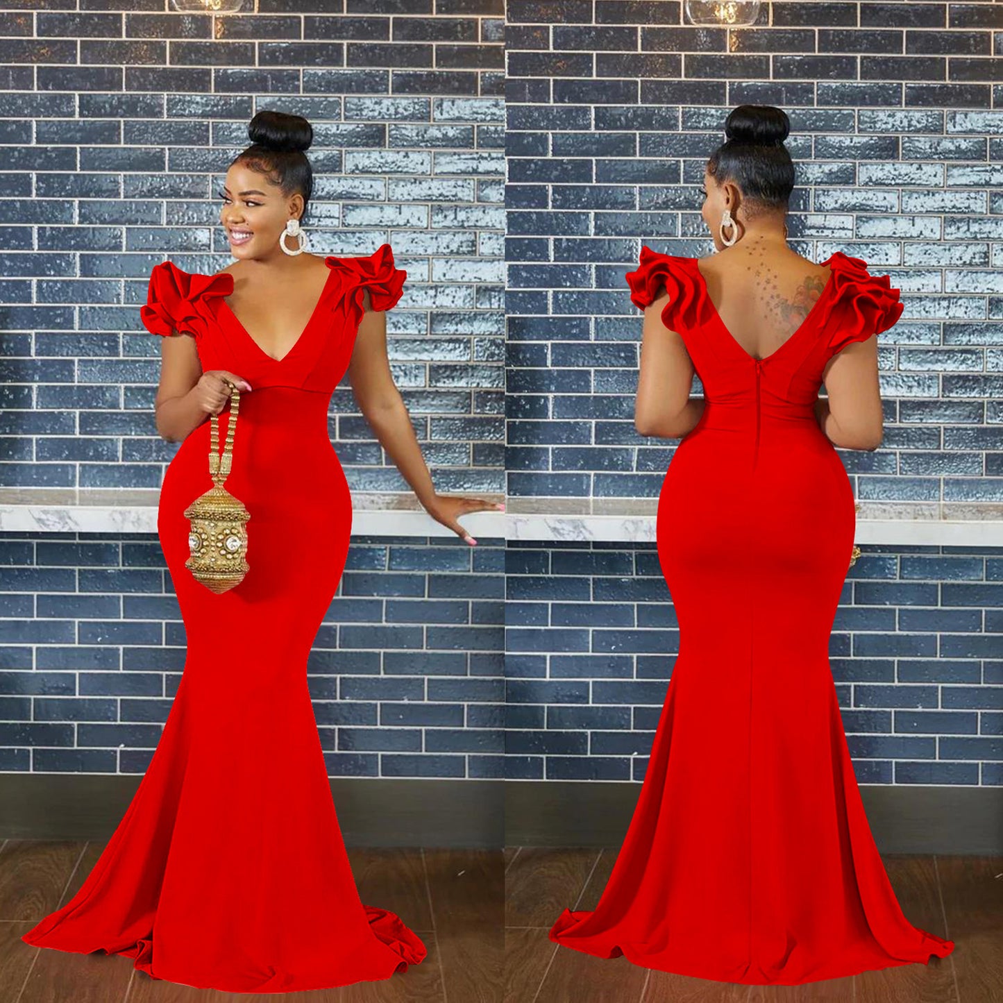 Dame Elegant aften kjole med voluminøse flæse detaljer og figursyet silhuet Stilla