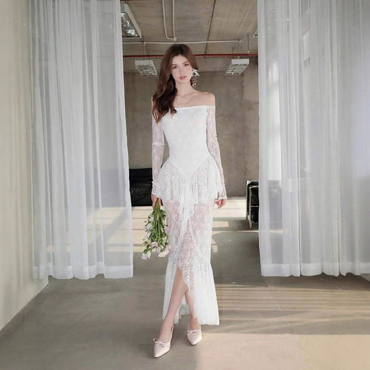 Dame Elegant blonde aftenkjole med off-shoulder udskæring og sideslids Stilla