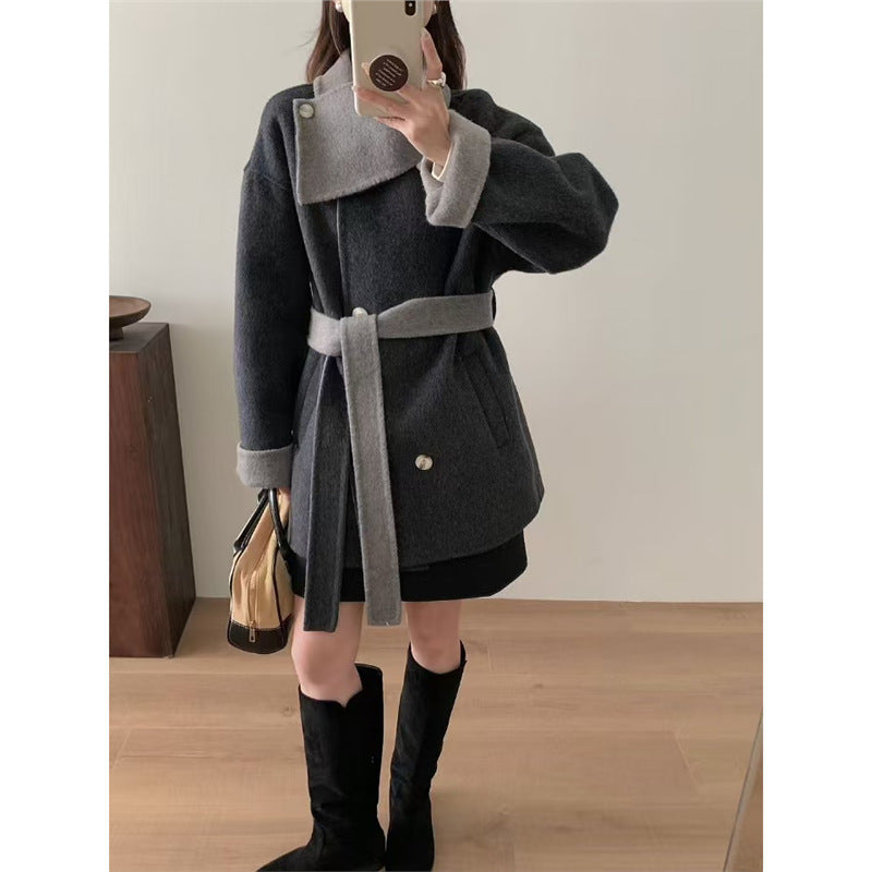 Dame dobbeltknappet uldblandingsfrakke med kontrastkrave Stilla