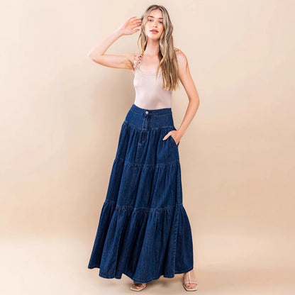 Dame Lang Jeansnederdel med lagdelt design Stilla