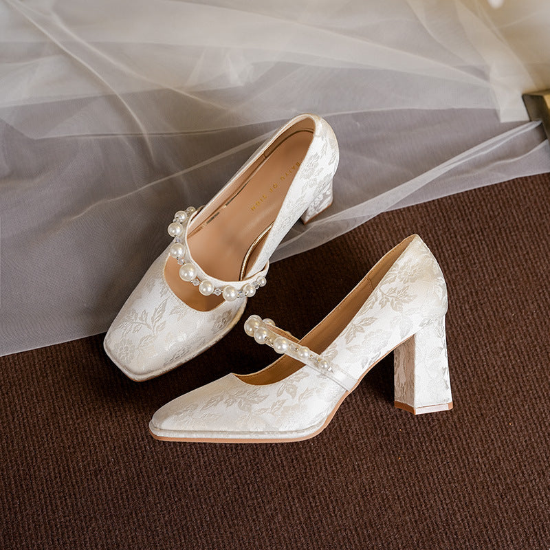 Dame Elegant Blokhæl Mary Jane Pumper med Dekorativ Perlekæde Stilla