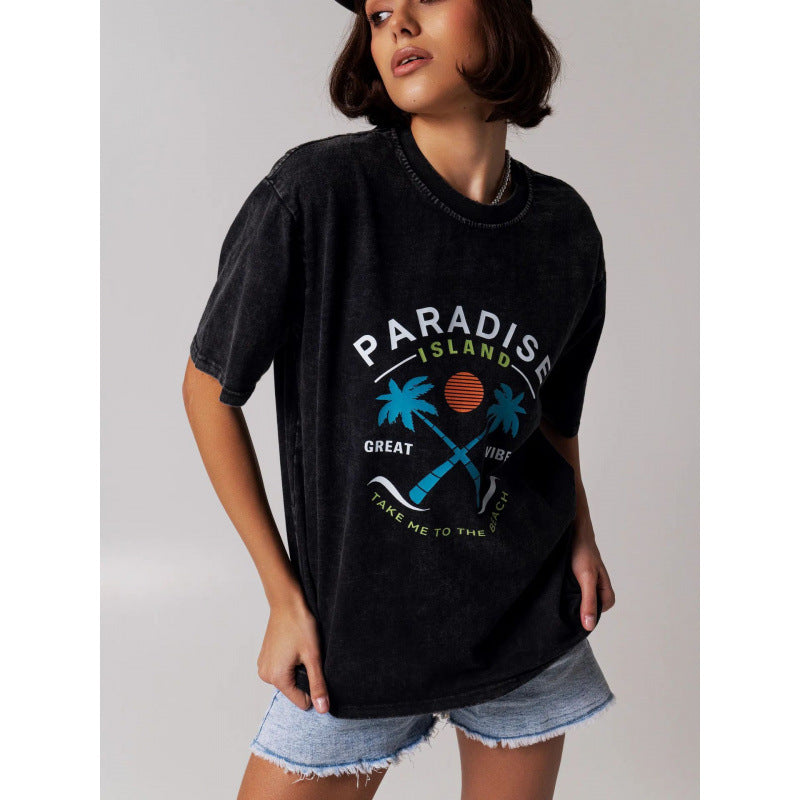 Dame afslappet grafik T-shirt med tropisk strandmotiv Stilla