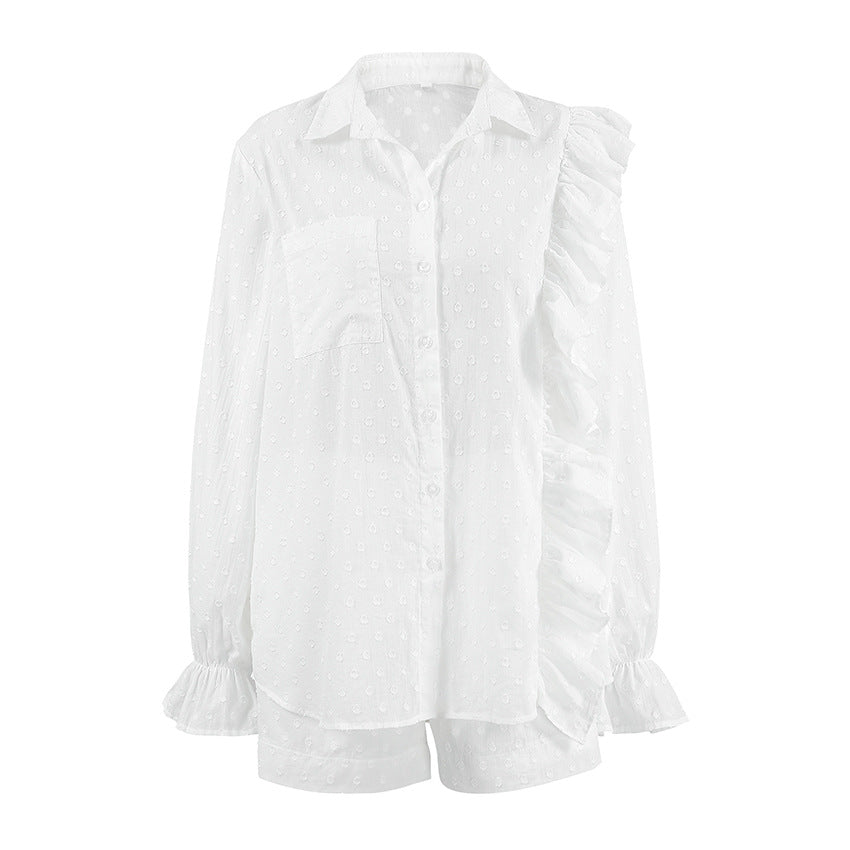 Dame afslappet skjortekjole sæt med flæsedetaljer og transparent stof Stilla