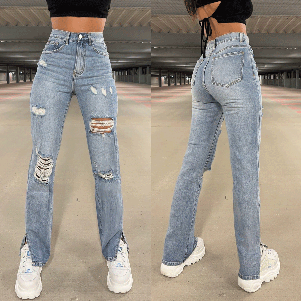 Dame Ripped Wide-Leg Jeans med asymmetrisk kant og høje detaljer Stilla