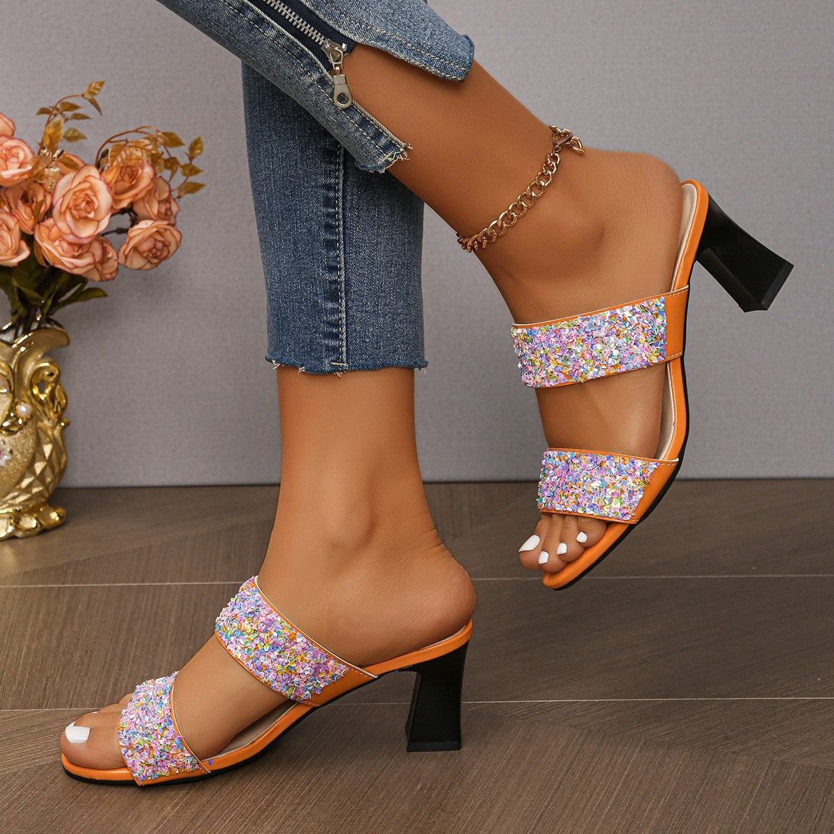 Dame Åbne Højhælede Sandaler med glamourøse Glitterdetaljer og behagelig Indersål Stilla