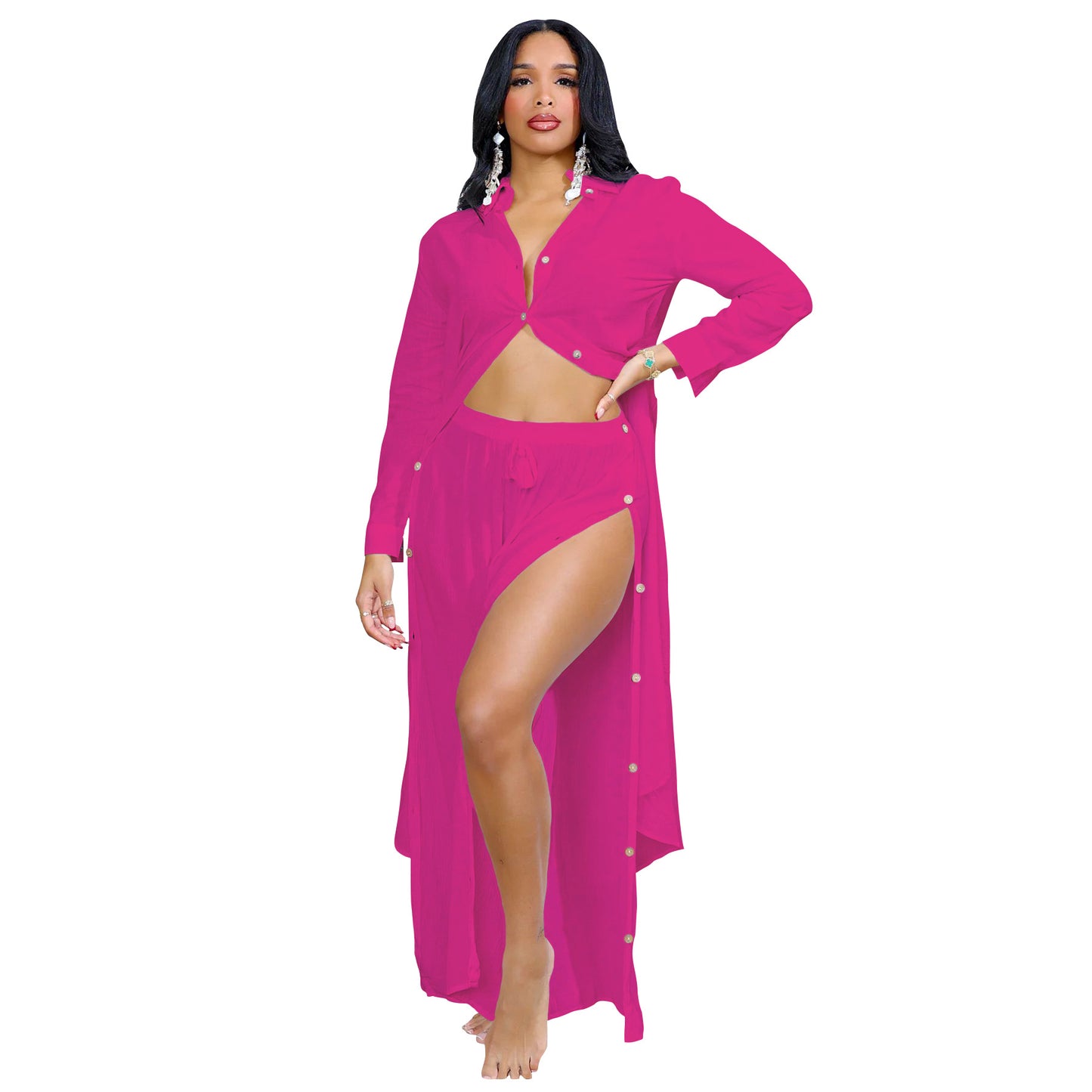 Dame afslappet fritidssæt med gennemgående skjorte og vide bukser Stilla