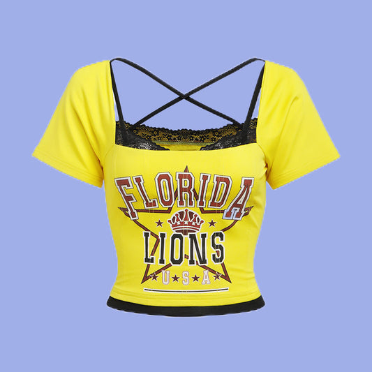 Dame cropped T-shirt med dekorativ ryg og kreativ grafiktryk Stilla