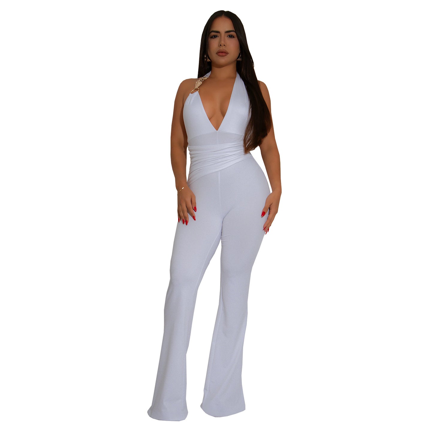Dame Elegant Flydende Jumpsuit med dyb V-udskæring og tætsiddende silhuet Stilla