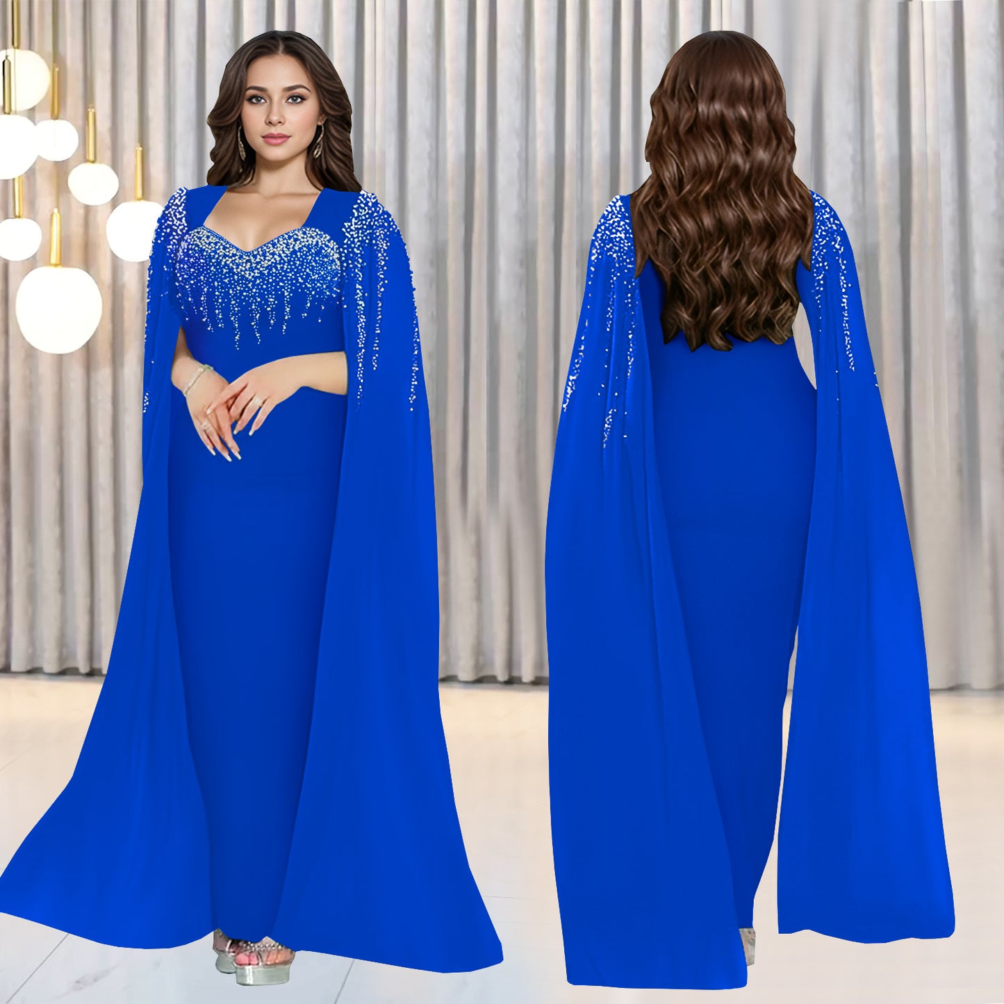 Dame Elegant aftenkjole med ædel kappe og glitrende detaljer Stilla