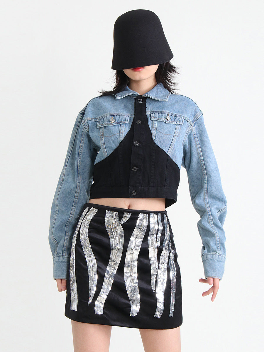 Dame cropped Jeansjakke med farvekombination Stilla