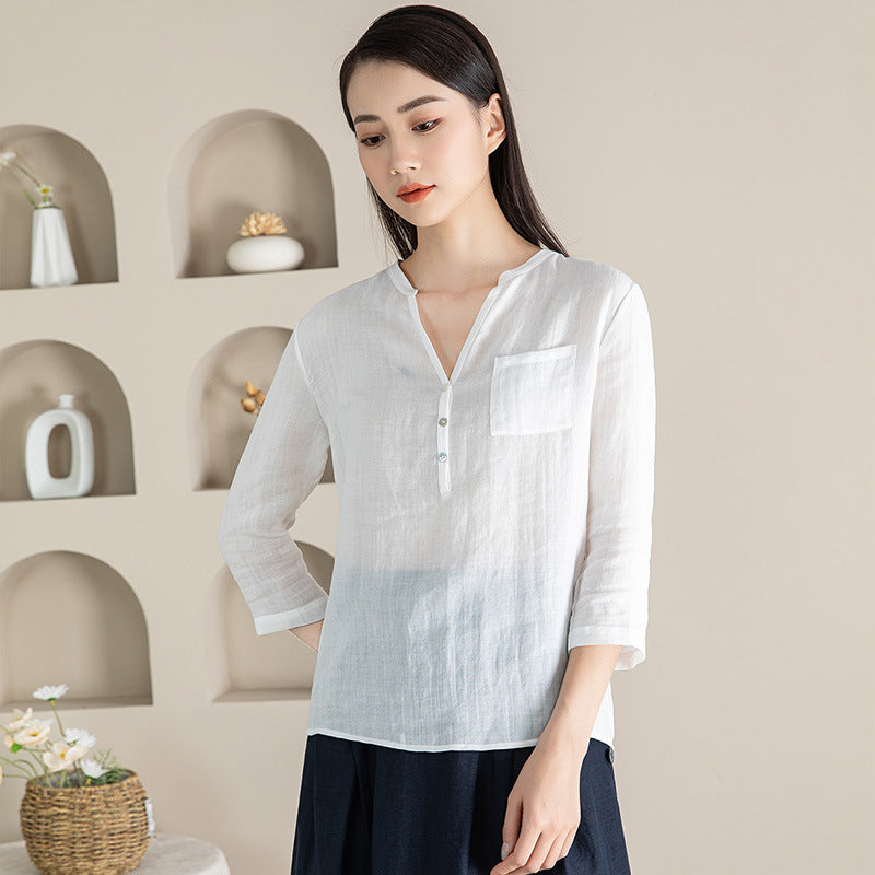 Dame afslappet linnedbluse med knapliste og praktisk brystlomme Stilla