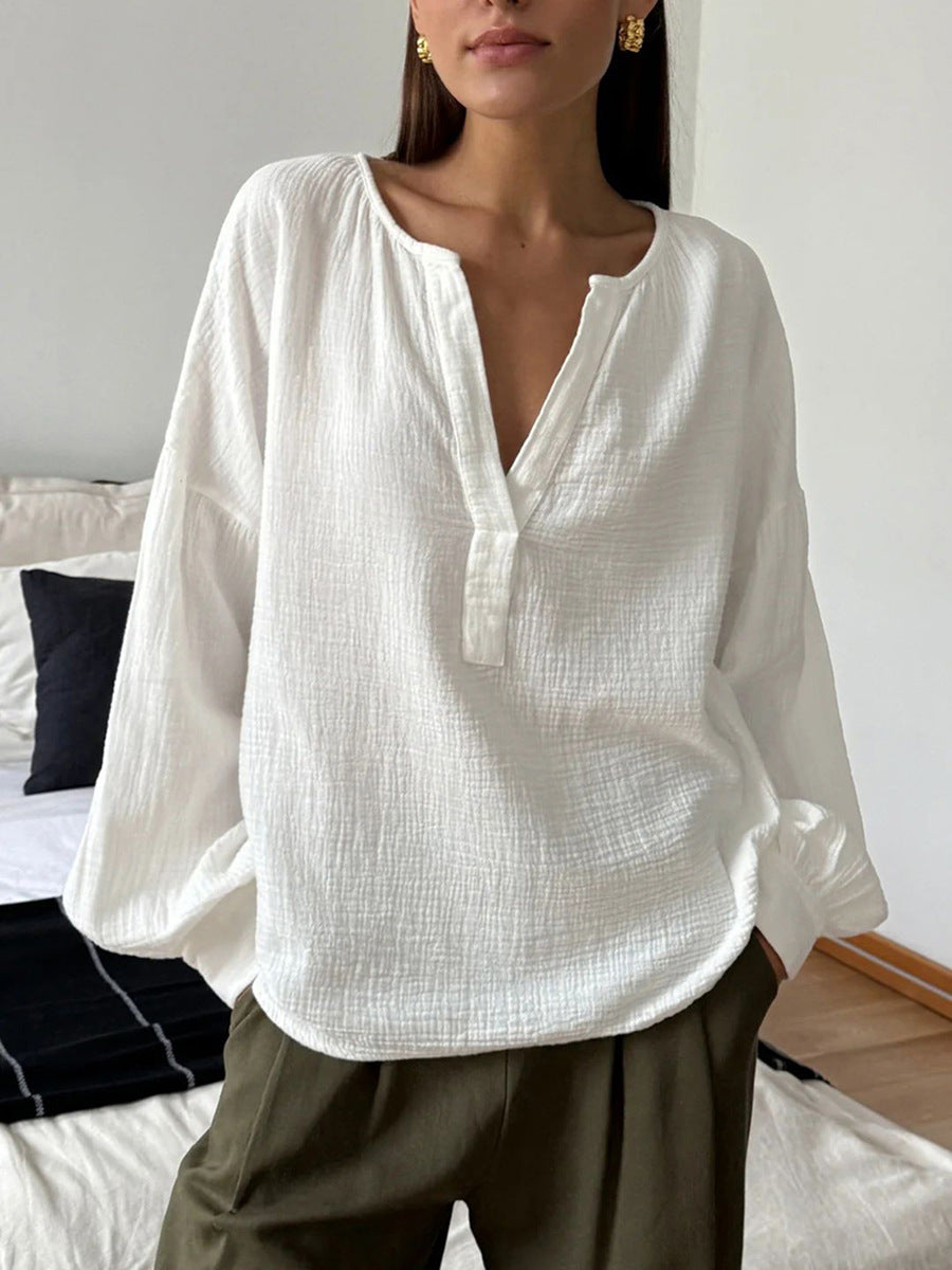 Dame afslappet langærmet bluse med halv-høj krave lavet af let bomuldsstof Stilla