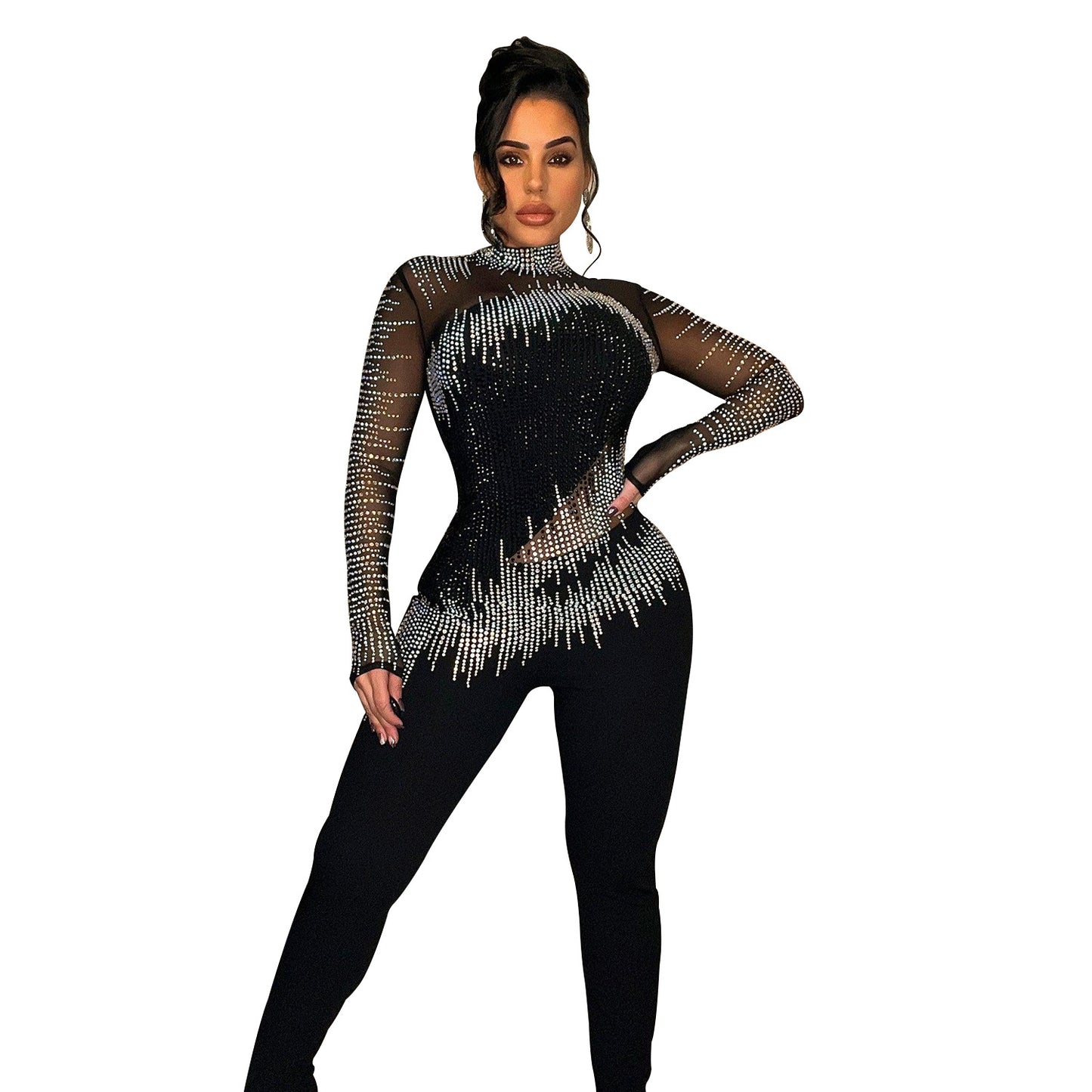 Dame Glamourøs Bodycon Jumpsuit med gennemsigtigt overdel og glitrende strassdekorationer Stilla