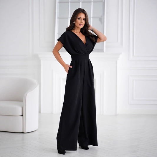 Dame Elegant Jumpsuit med V-hals og brede ben Stilla