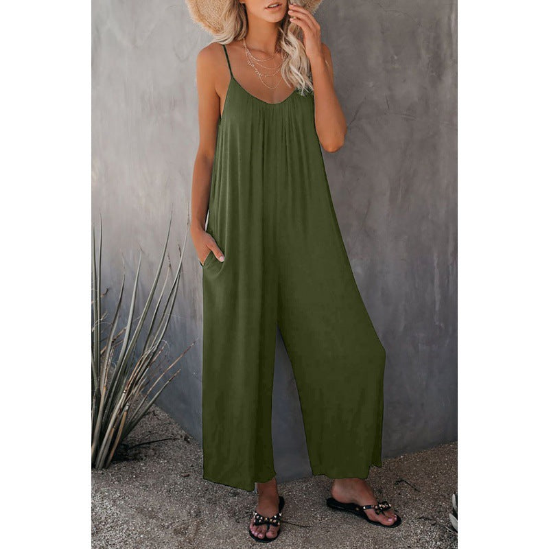 Dame Flydende Bredbenet Jumpsuit med Justerbare Spaghetti Stropper Stilla