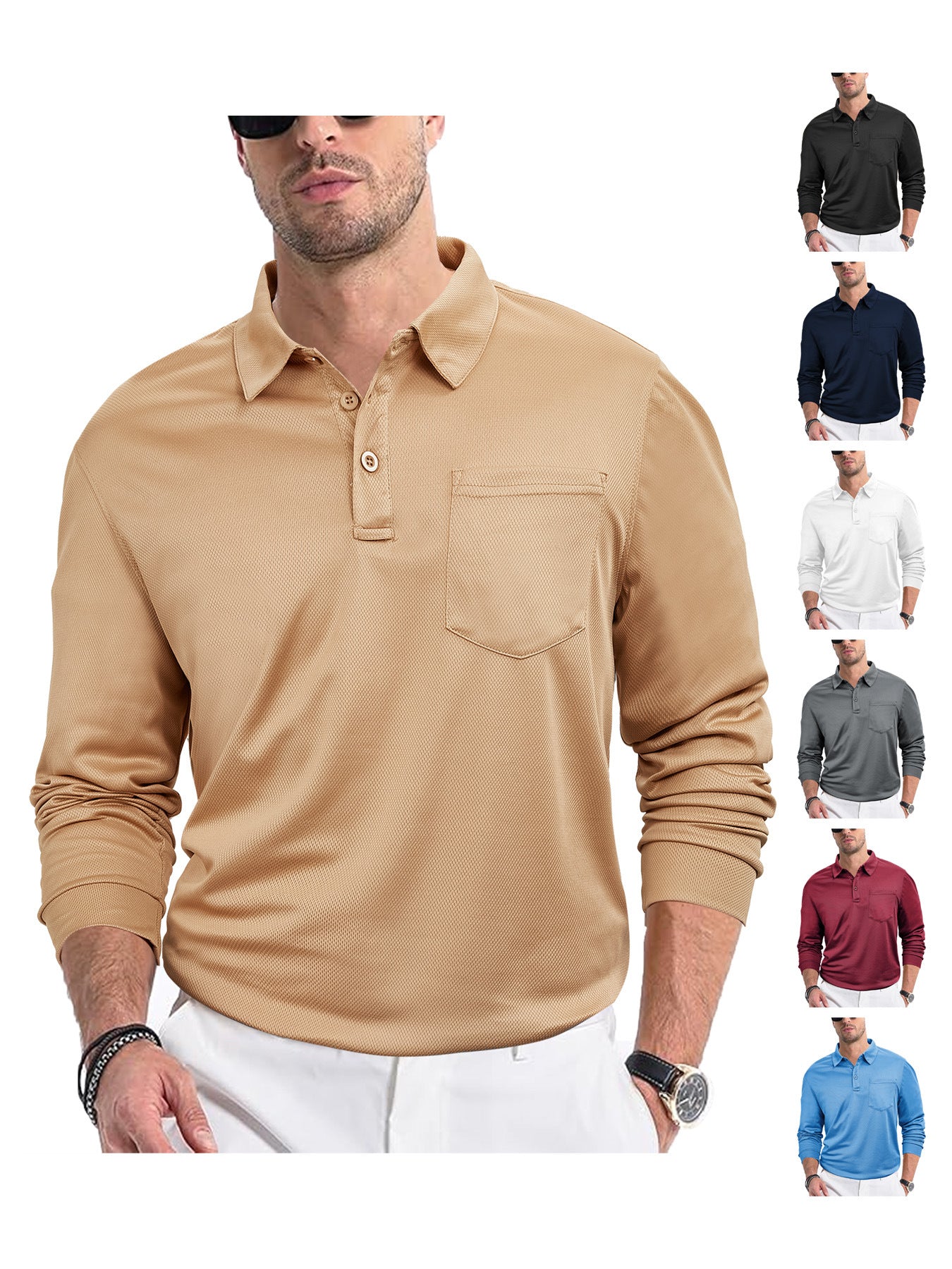 Herrer langærmet poloshirt med struktureret stof og praktisk brystlomme Stilla