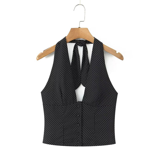 Dame Crop-Top med raffineret halterdesign og prikkemønster Stilla