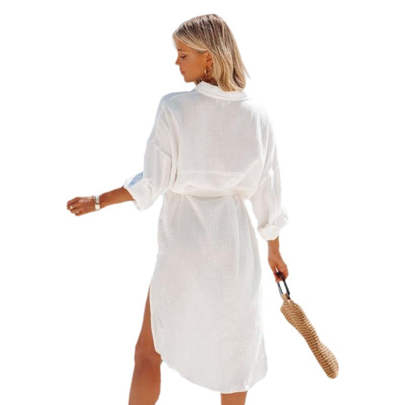 Dame afslappet skjortekjole med talje bælte og smart slids Stilla