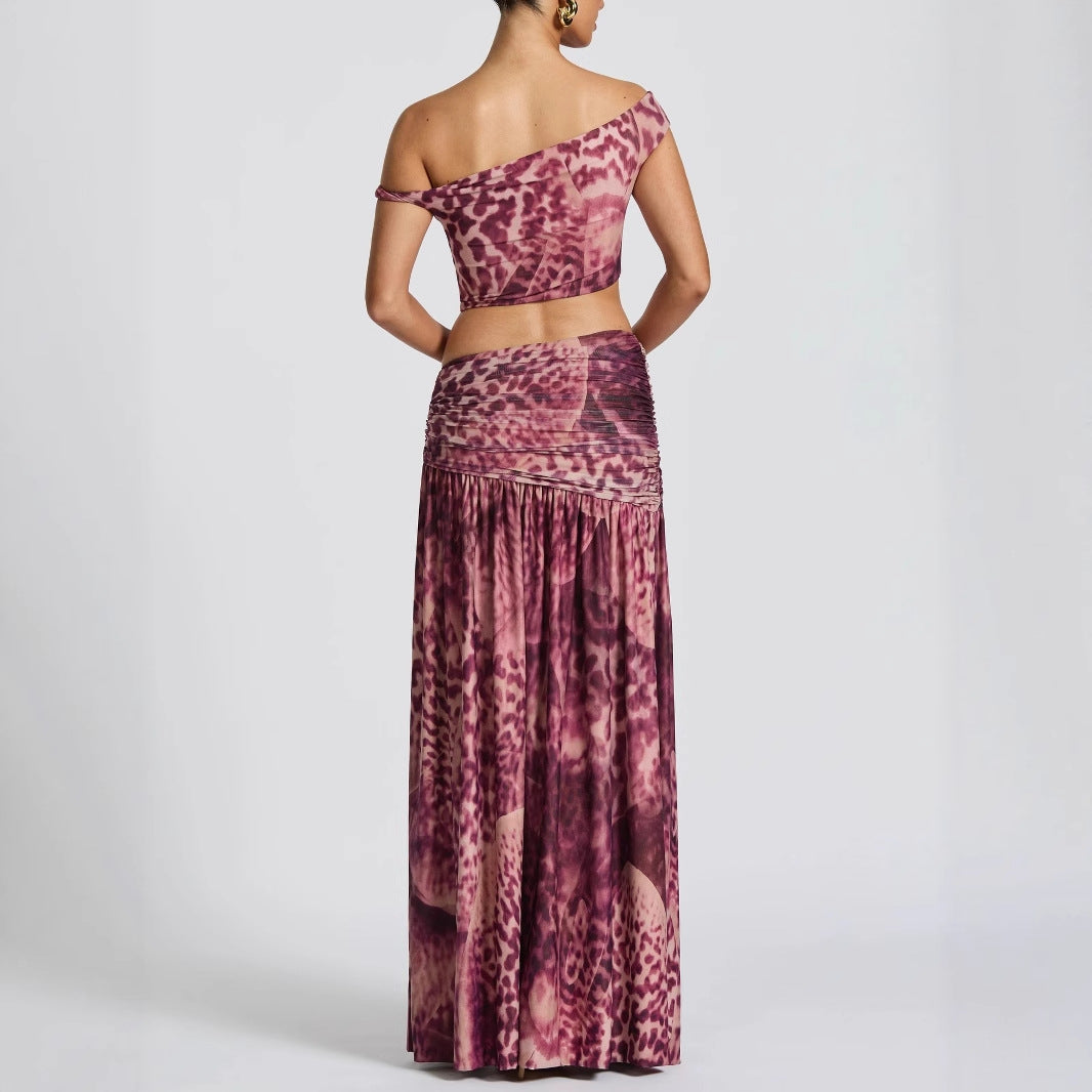 Dame Crop-Top og Maxi-nederdel Sæt med elegant leopardmønster Stilla