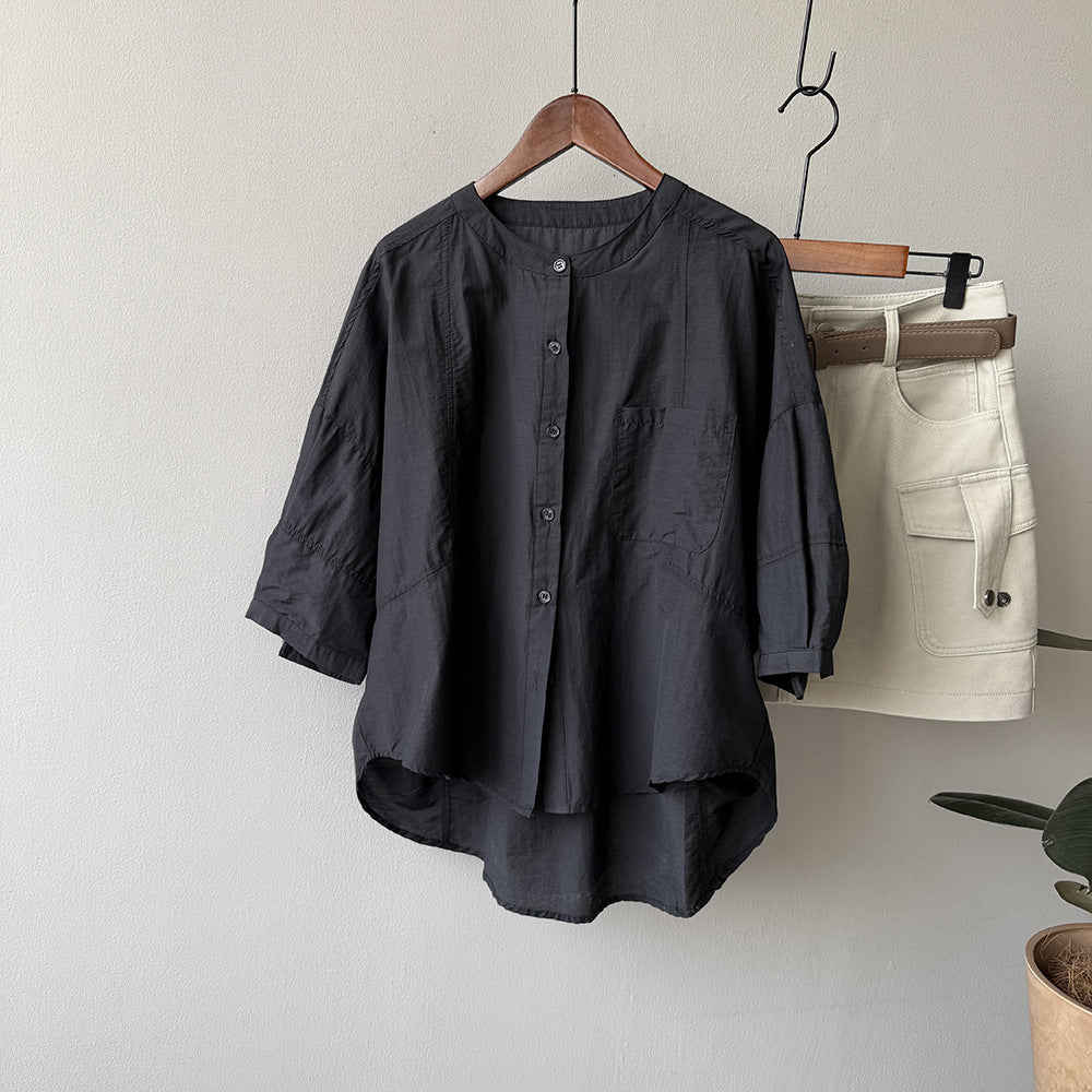 Dame afslappet langærmet blouse med knapbar udskæring og brystlomme Stilla