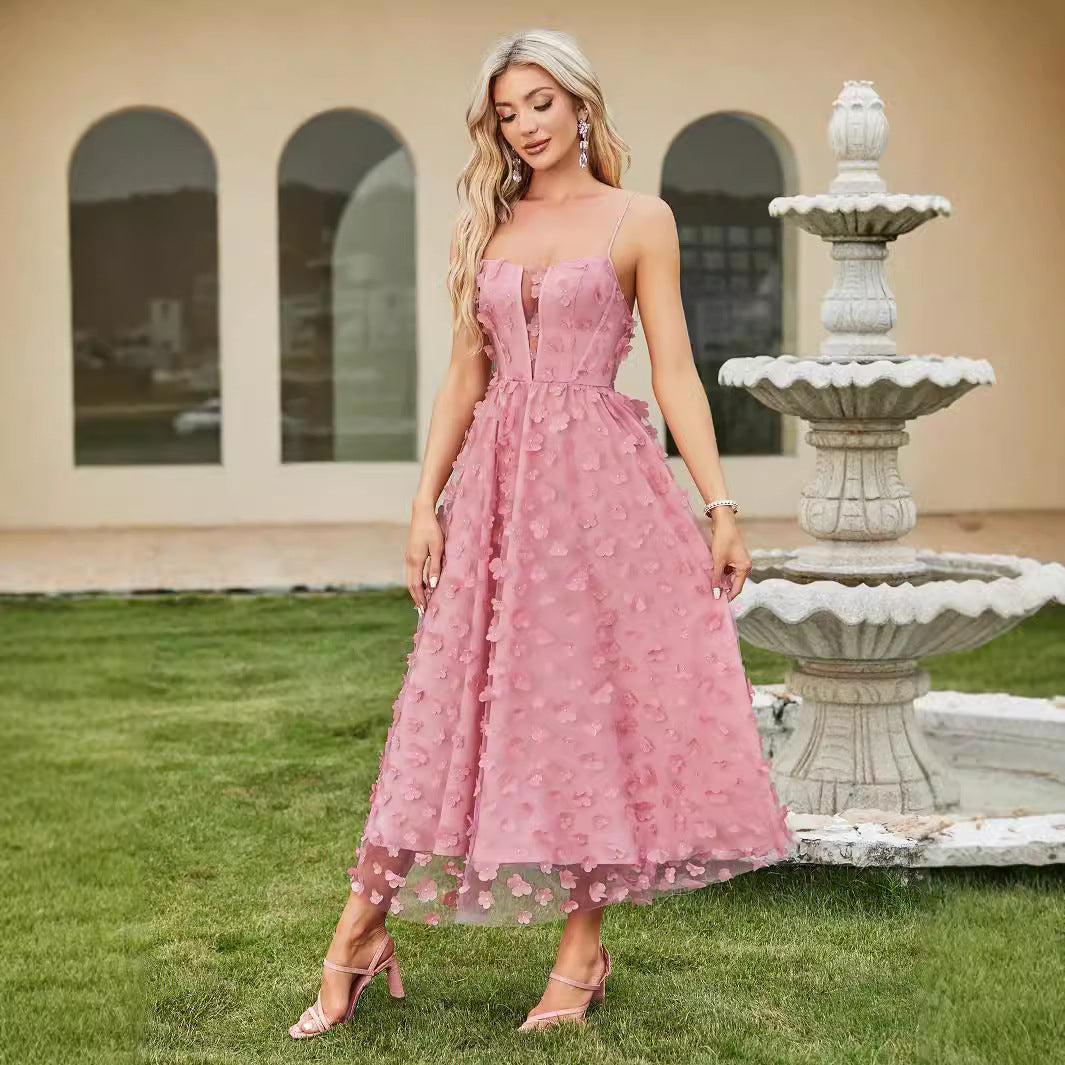 Dame A-linjekjole med blomster 3D-design og dyb udskæring Stilla