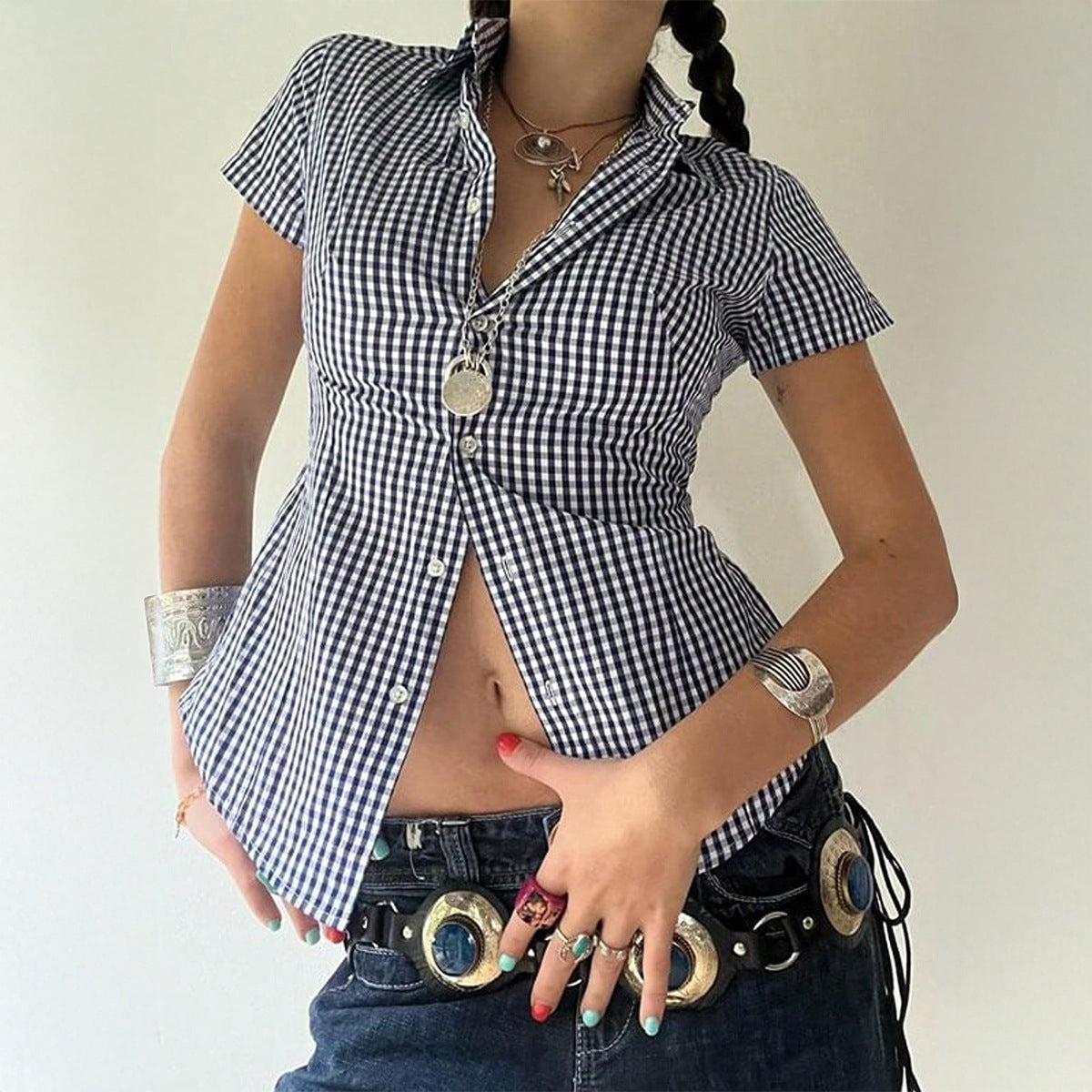 Dame skræddersyet ternet skjorte med korte ærmer og knaplukning Stilla