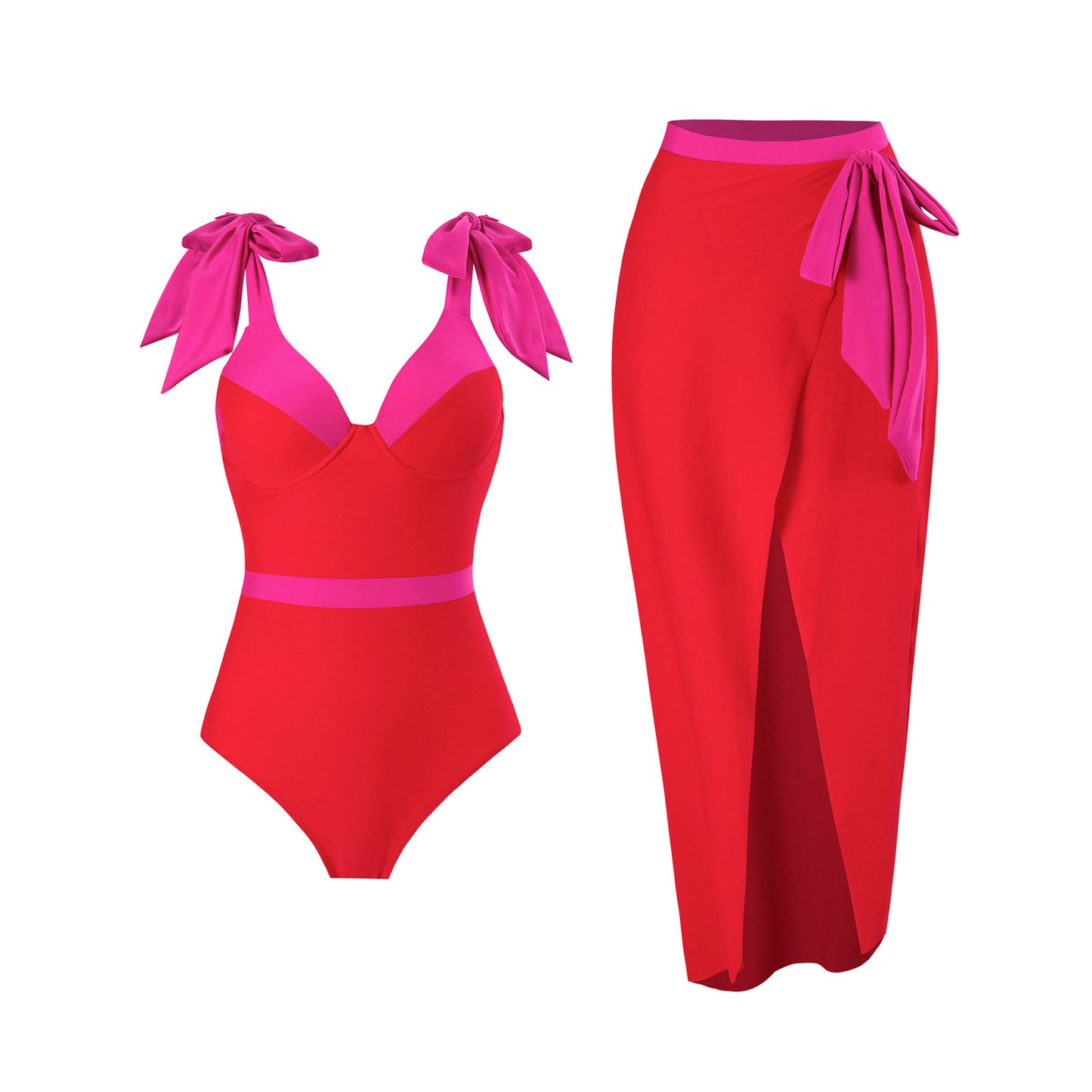 Dame Elegant Badedragt med aftagelig omslagskørt og farvematching sløjfer Stilla