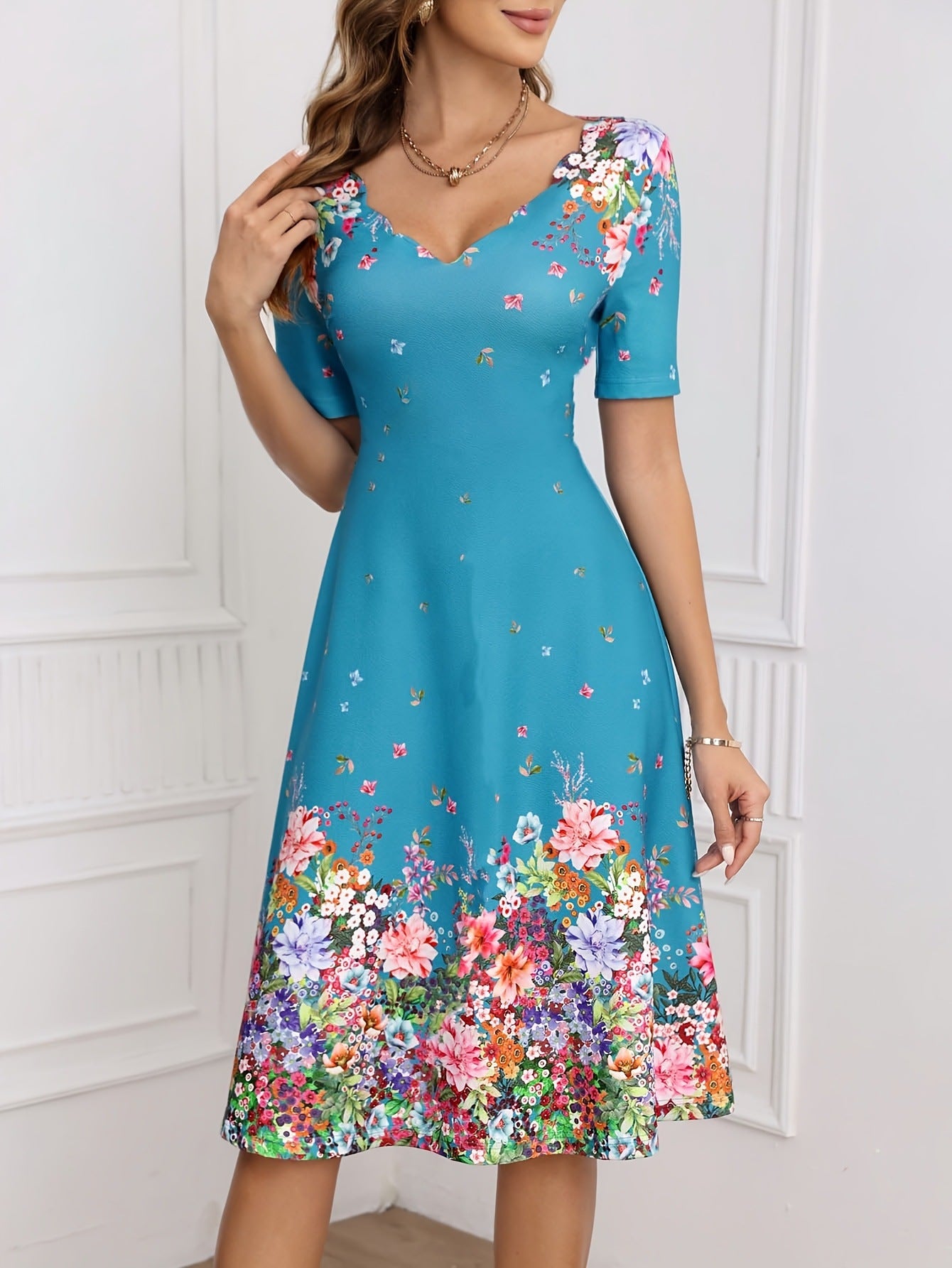 Dame Elegant A-linje kjole med blomstermønster og V-udskæring Stilla