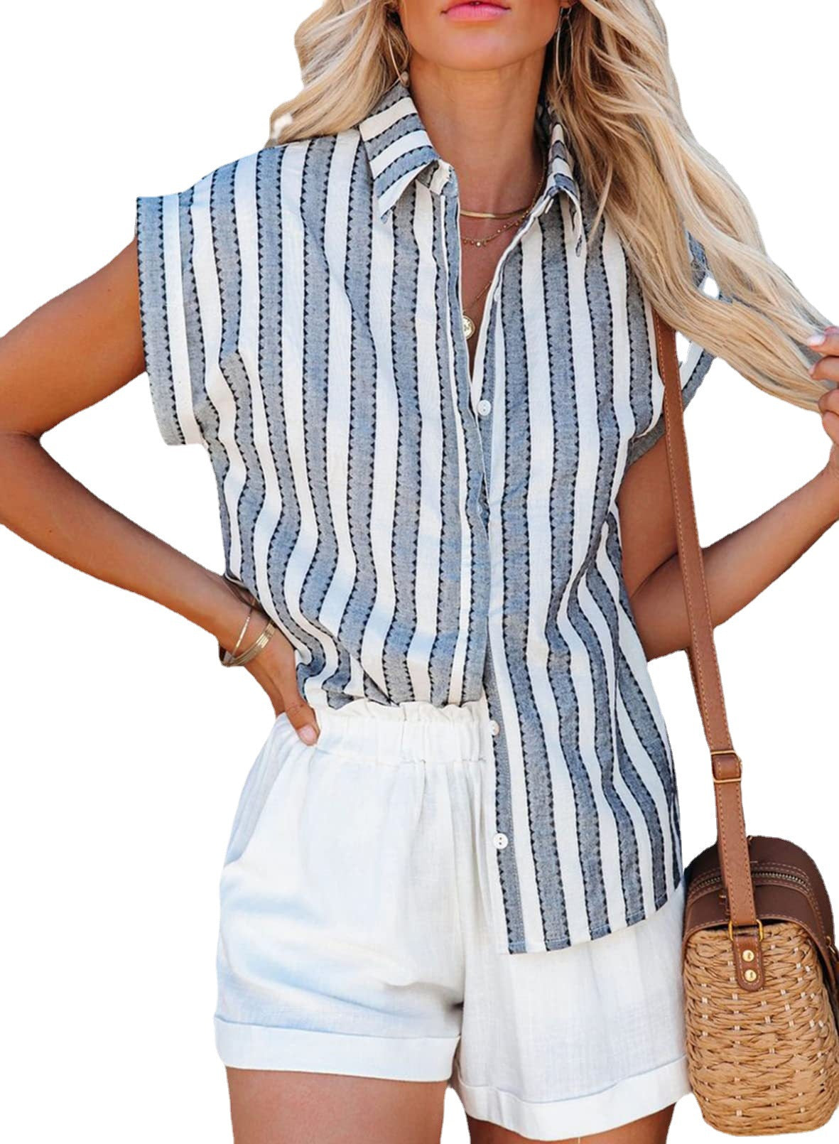 Dame afslappet linned skjorte med stribet design og elegant knapstolpe Stilla