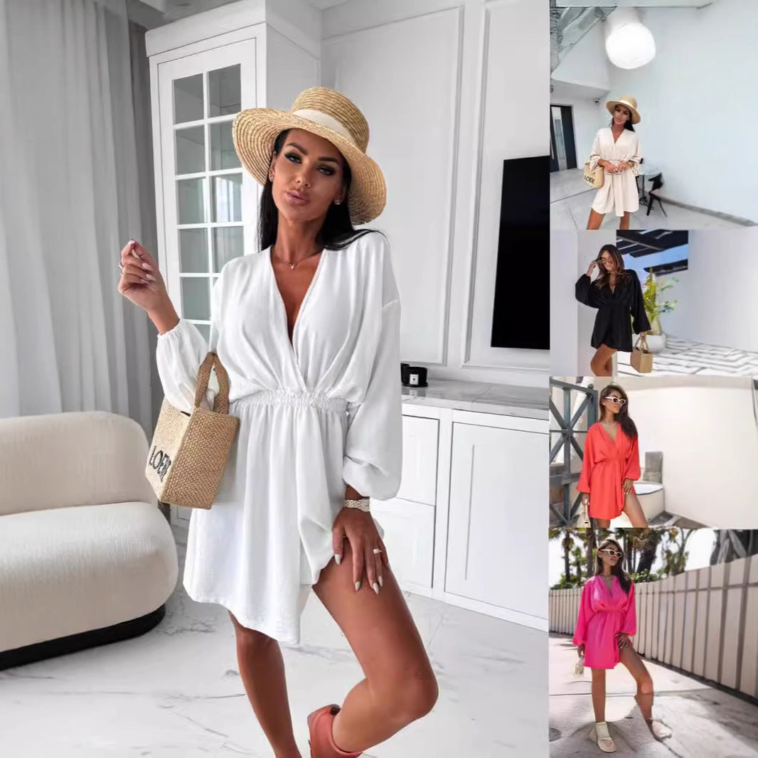 Dame afslappet kaftan med dyb V-udskæring og ballonformede ærmer Stilla