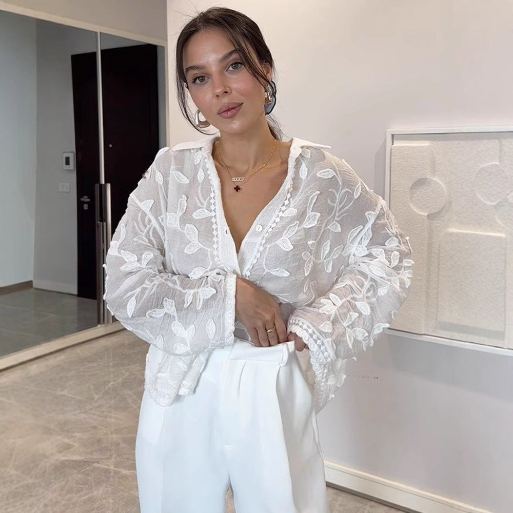 Dame afslappet bluse med blomstret hæklemønster Stilla