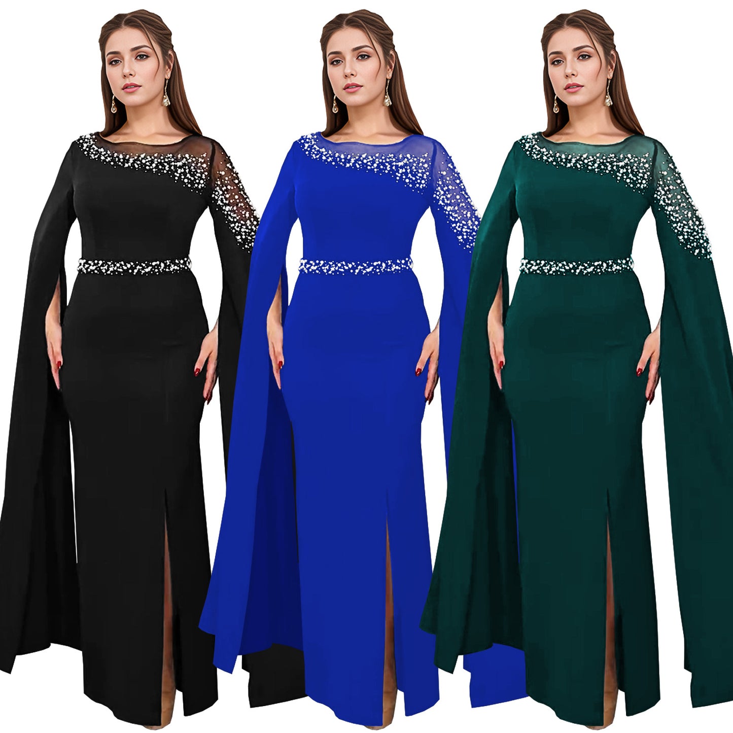 Dame elegant aftenkjole med forførende kappeærmer og fine strassdekorationer Stilla