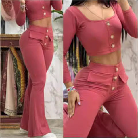 Dame Crop-Top og Flared-bukser sæt med dekorativ knaplukning og tætsiddende snit Stilla