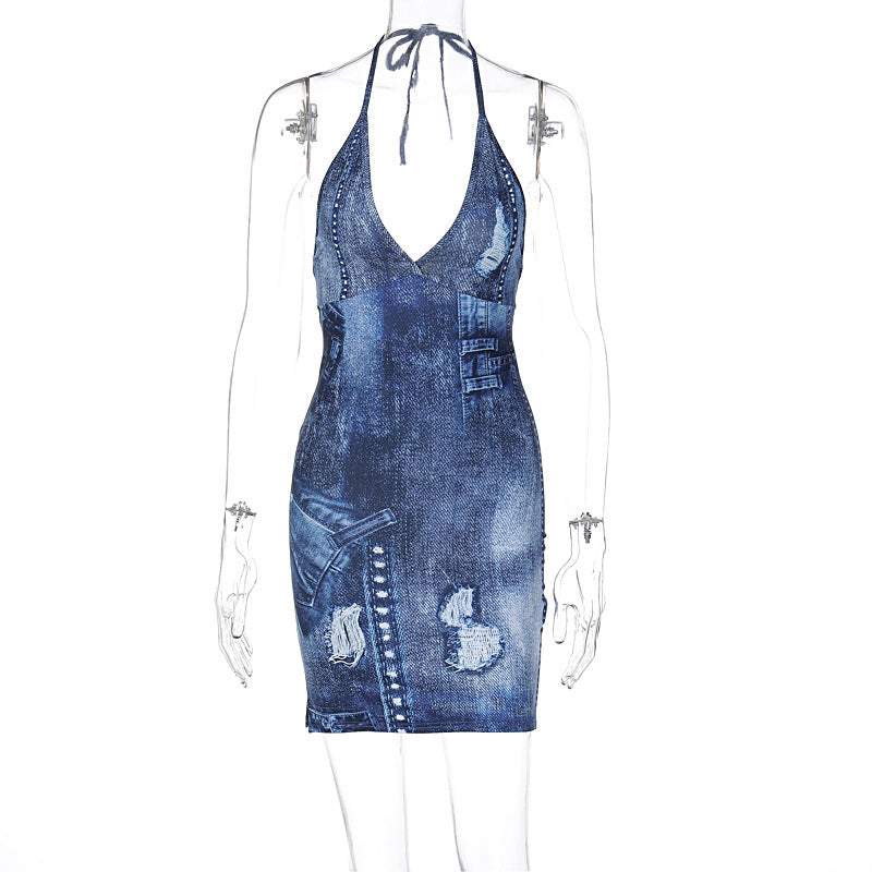 Dame Denim Kjole med dyb udskæring og elegante detaljer Stilla