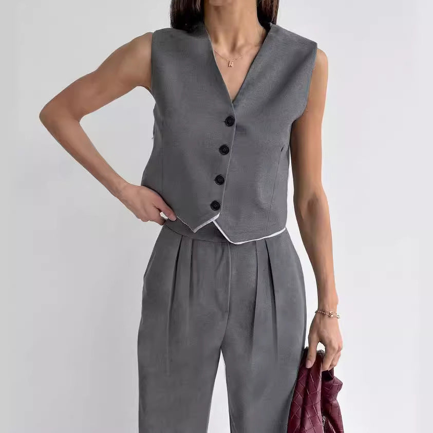 Dame Elegant Cropped Blazer-Sæt med bred buks og moderigtige accenter Stilla